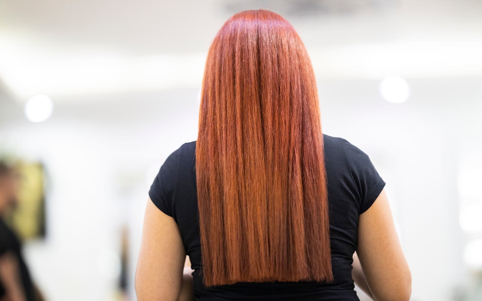 Long copper red color, sleek and straight, finished at Velvet Fig Studio